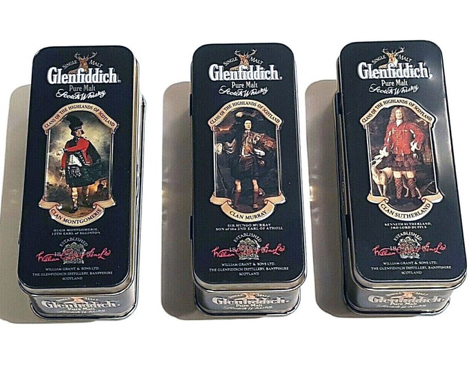 Vintage (1980s) Glenfiddich Clans of the Highlands Clan mini 5cl tin. Choice of Clan Montgomerie, Murray, Sutherland. Sold individually.