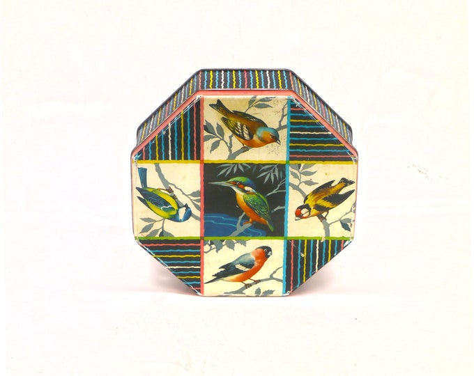 Harry Vincent Bluebird Toffees | Parkes Classic Confectionery tin featuring songbirds and multicolor stripes. Made in England.