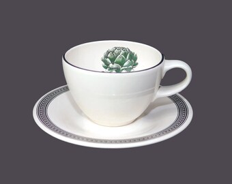 Pfaltzgraff Farmer's Market Green Artichoke stoneware cup and saucer set made in the USA.