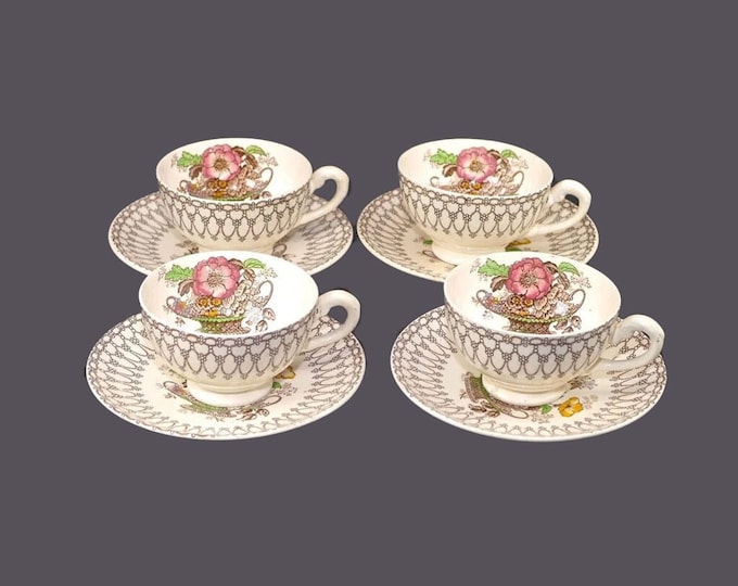 Four art-deco era Myott Bonnie Dundee cup and saucer sets made in England. Flaws (see below).