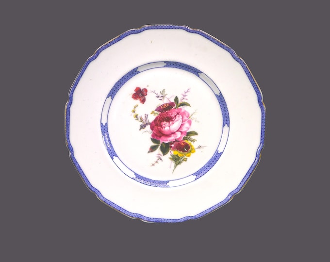 Royal Doulton dinner plate. Central roses and other florals, white panels, blue edge. Made in England.