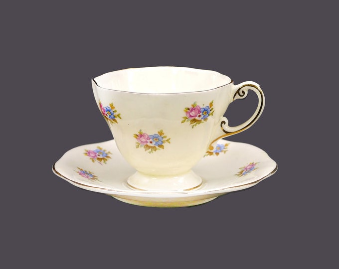 Foley V364 bone china tea set in the dainty shape made in England. Pink roses, blue and white flowers.