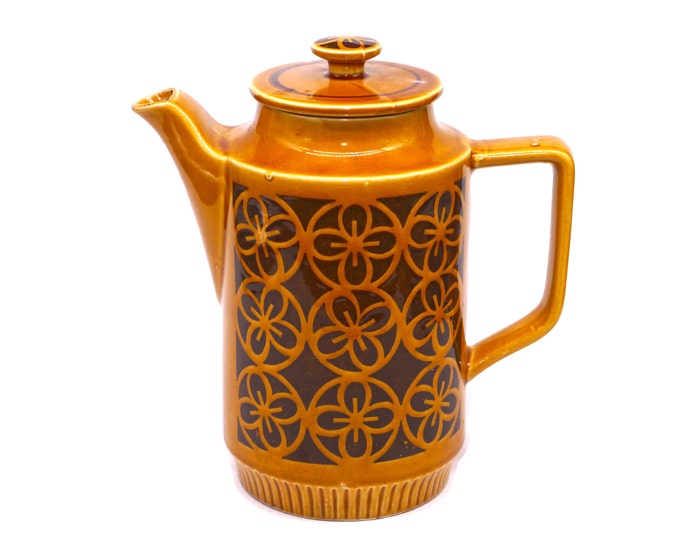 Retro stoneware six-cup coffee pot. Embossed geometric pattern made in Japan.