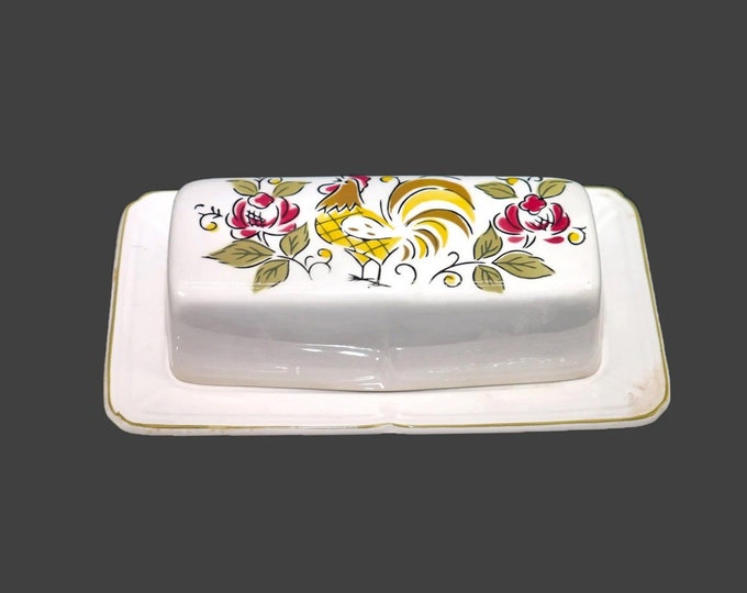 Mikasa Heritage covered stoneware butter dish. Rooster, florals made in Japan. Flaw.