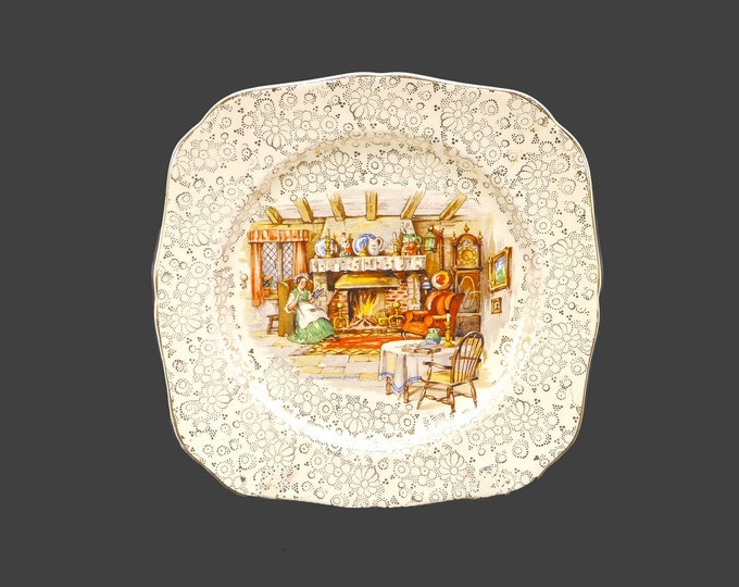 Hollinshead Kirkham | HK Tunstall The Englishman's Fireside gold chintz square snack plate made in England. Flaws (see below).
