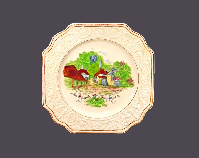Crown Devon Fieldings British Scenes 2507 square salad plate. Cockington Village Devonshire made in England