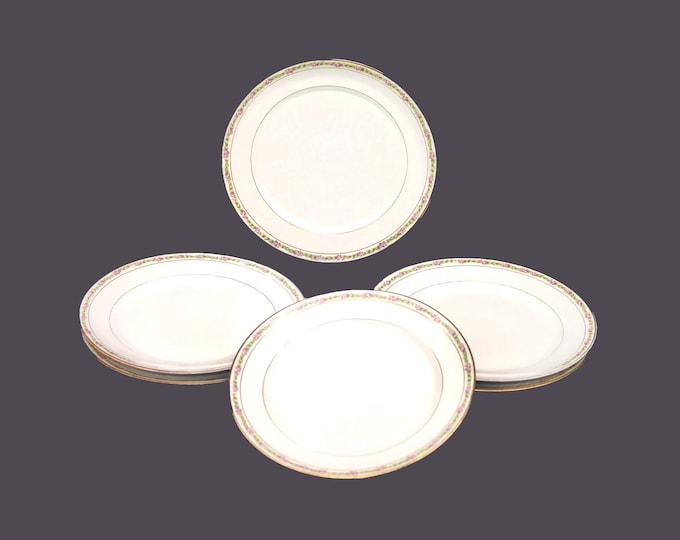 Six antique art-nouveau period Charles Field Haviland GDA Limoges CHF595 salad plates made in France. Pink flowers, green chevrons.