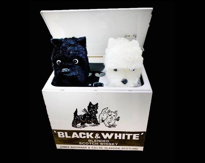 Black and White Scotch Whisky jack-in-the-box black and white scotty dogs advertising display unit. Made in USA.