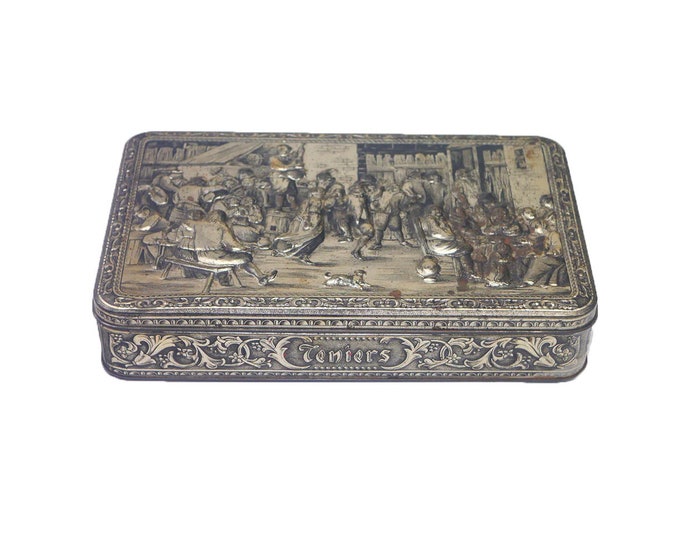 GBC Belgium Teniers high-relief rectangular cookie or biscuit tin with hinged lid. Flemish Kermess. Made in Belgium.