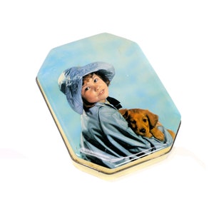 Harry Vincent Bluebird Confectionery tin. Little girl rain hat dog. Made in England.
