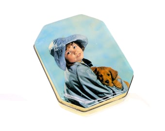 Harry Vincent Bluebird Confectionery tin. Little girl rain hat dog. Made in England.