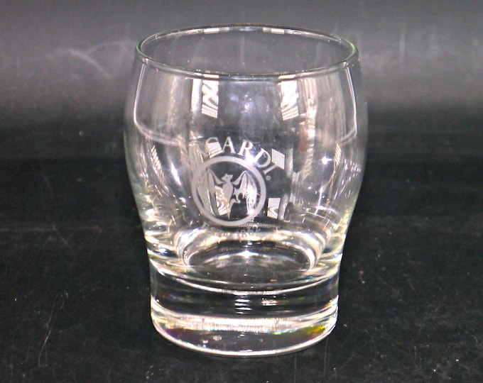 Bacardi Rum Since 1792 lo-ball, whisky, on-the-rocks glass. Etched-glass Bacardi Bat branding.