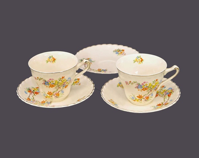 Pair of antique Edwardian Age J&G Meakin MEK188 cup and saucer sets made in England. Bonus orphan saucer.