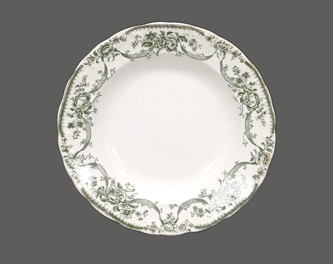 Antique Edwardian era Myott Rose & Ribbon rimmed soup bowl made in England. Flaws (see below).