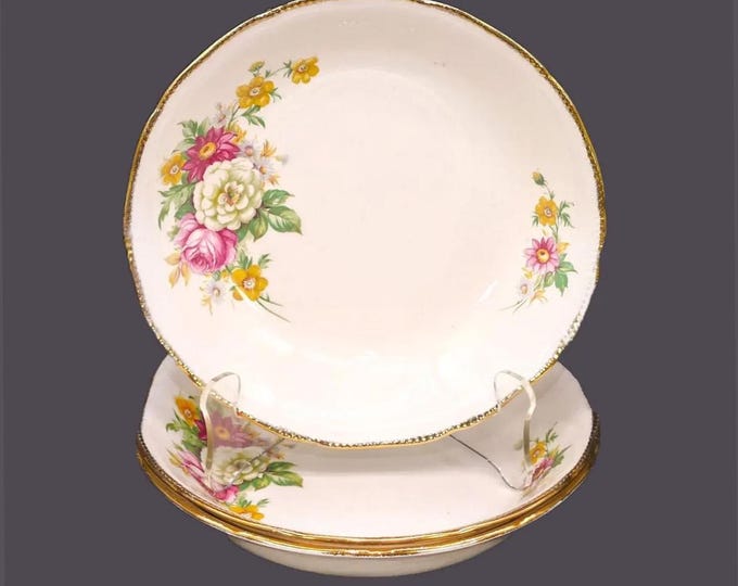 Three Royal Swan Booths & Colclough Riverdale coupe soup bowls made in England.