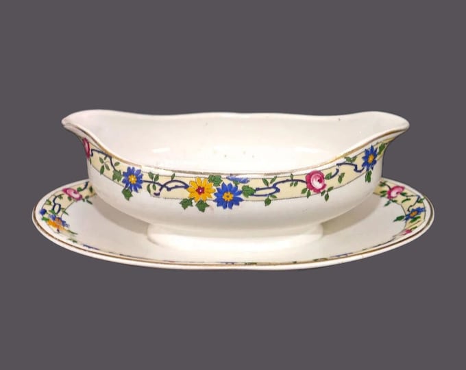 Antique Edwardian Age Wedgwood WW159 gravy boat with attached under plate. Imperial Porcelain made in England.