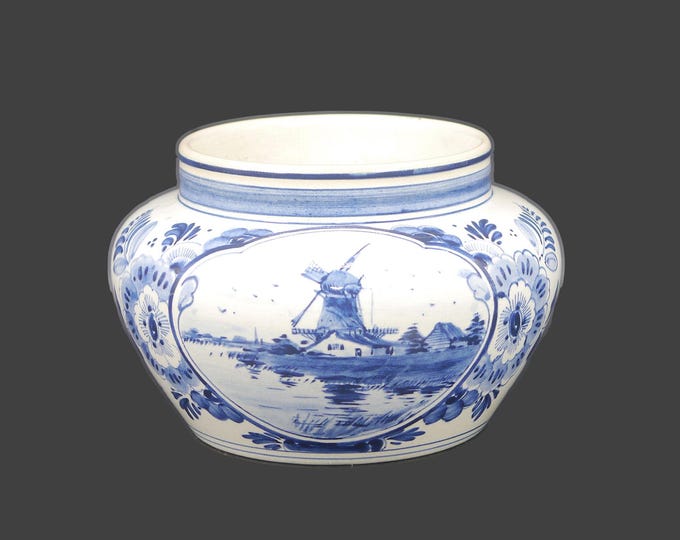 Antique Gouda Delft pottery hand-painted 1856 planter pot | cache pot | jardinere. Zuid Holland.