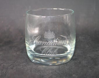 Vintage Canadian Club Whisky round lo ball glass. Etched-glass branding.