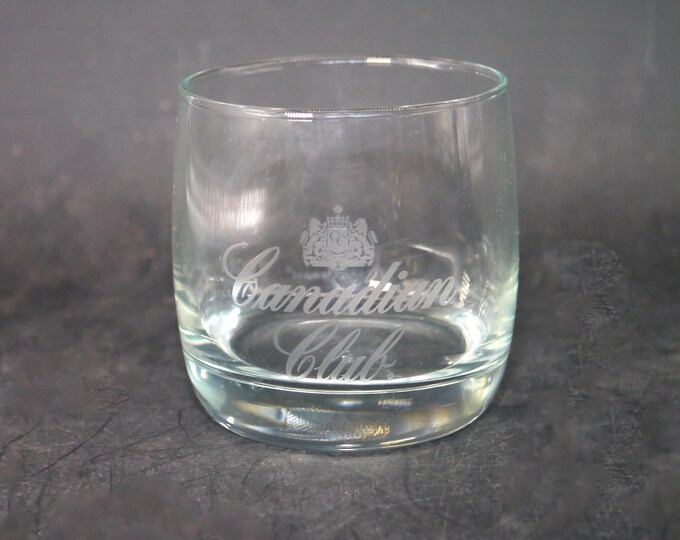 Vintage Canadian Club Whisky round lo ball glass. Etched-glass branding.