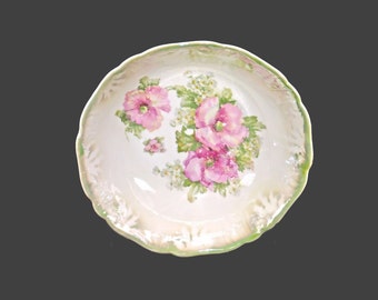 RMK Germany round lusterware serving bowl. Pink florals, green lusterware, embossed details.