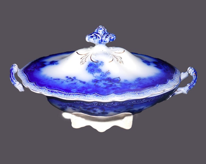 Antique Edwardian Age Johnson Brothers Clayton flow blue covered vegetable serving bowl | tureen made in England. Minor flaw (see below).