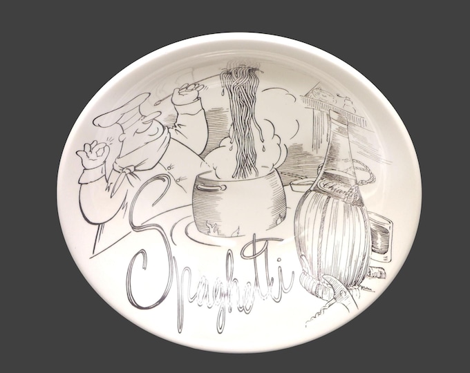 Ironstone Tableware round pasta spaghetti serving bowl. Pasta Chef Spaghetti wording in brown. Made in Italy.