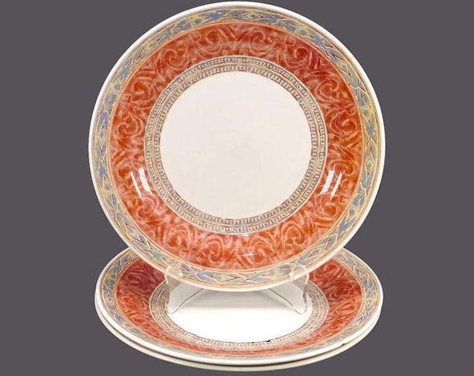 Three Churchill China Zarand dinner plates. Jeff Banks Ports of Call tableware. Made in England. Flaw (see below).
