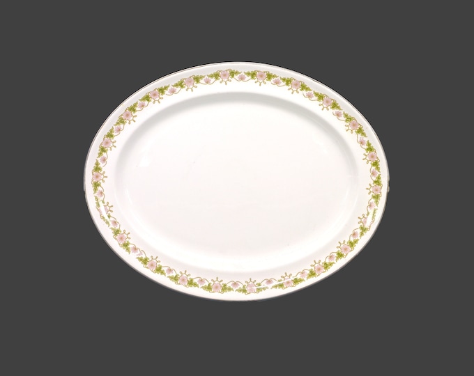 Antique Edwardian Age Wood & Sons Shola China oval turkey platter made in England. Green leaves, pink flowers, tan swags.