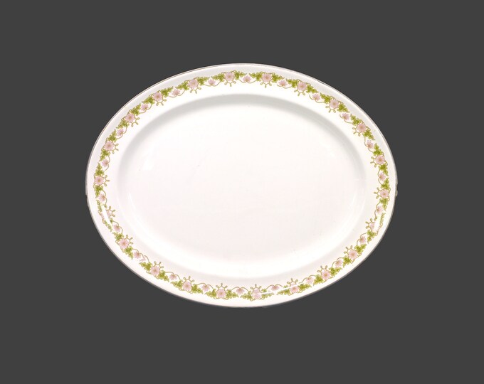 Antique Edwardian Age Wood & Sons Shola China oval turkey platter made in England. Green leaves, pink flowers, tan swags.