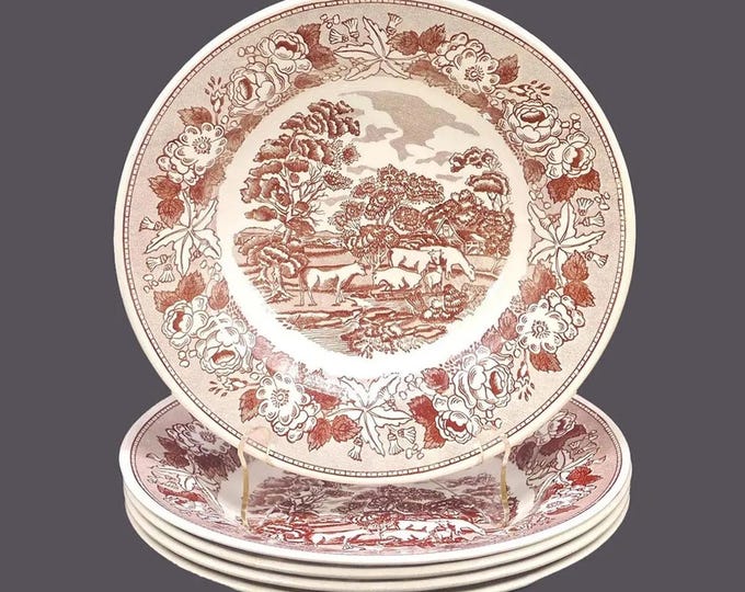 Five Fontebasso Swiss Landscape Brown transferware rimmed soup or individual pasta bowls made in Italy.