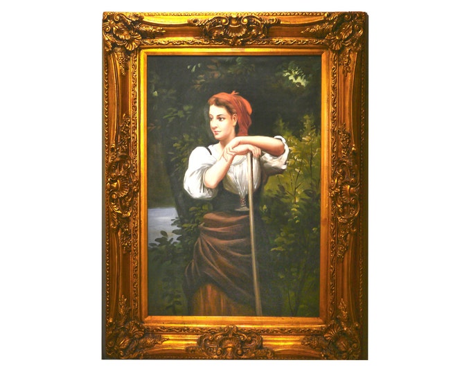 Therese Schwartze style large original oil on canvas painting. Female agrarian peasant worker in elaborately carved gilt wood frame.