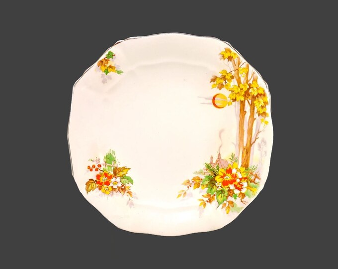 Antique Edwardian Age Alfred Meakin square luncheon plate made in England. Red crescent moon, tree, red yellow flowers.