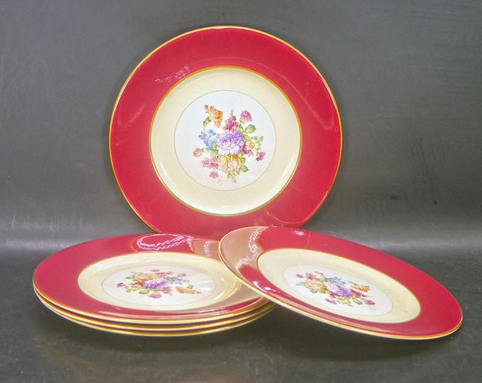 Five Fondeville 6841 Burgundy large dinner plates. Ambassador Ware ironstone made in England. Flaws (see below).
