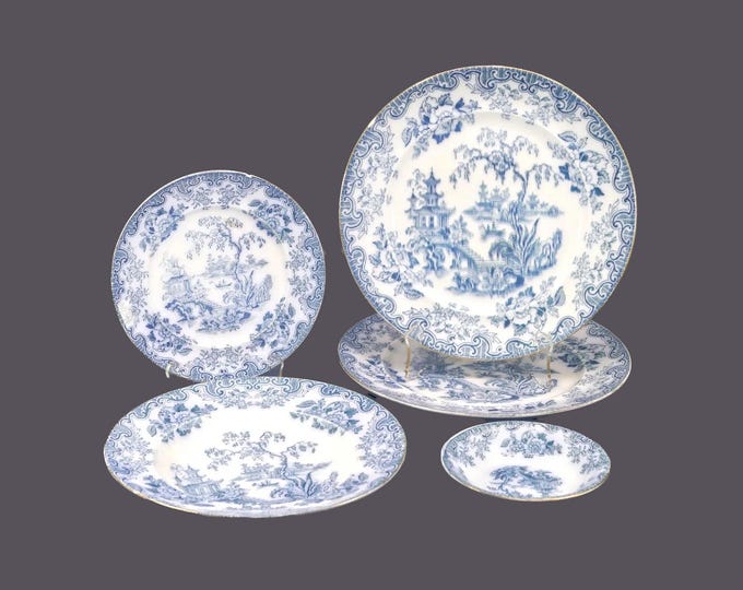 Antique Furnivals Shanghae Blue Chinoiserie tableware made in England. Five pieces. Flaws (see below).
