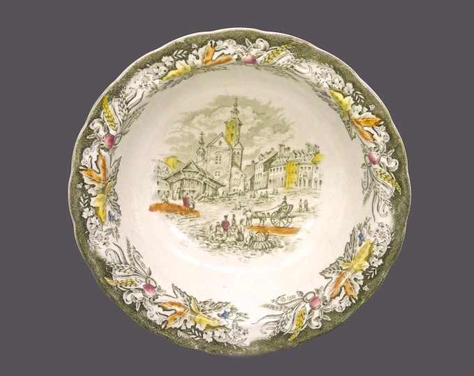 Ridgway Heritage Multicolor Green Canadian Scenes round rimmed serving bowl made in England. The Market Place Quebec.