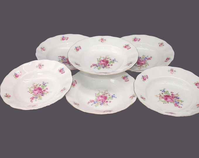 Six Favolina-Karolina Meissen Flower rimmed soup bowls made in Poland.