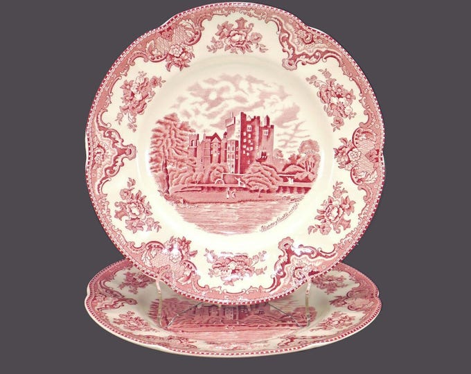 Pair of Johnson Brothers Old Britain Castles Pink transferware dinner plates featuring Blarney Castle. Made in England.