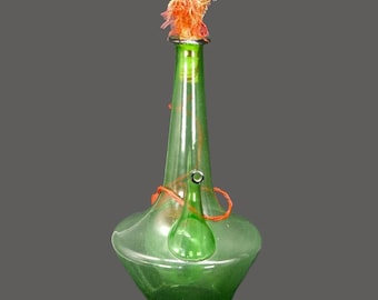 Mid-century Italy green glass fiasco wine bottle decanter with ice bulb and stopper.