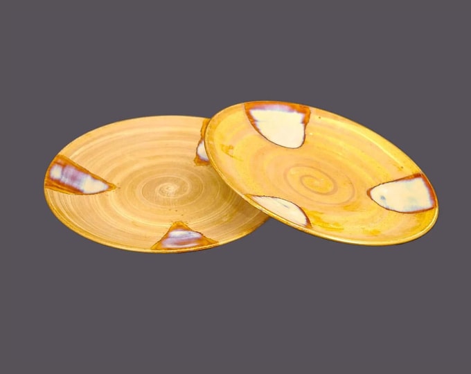 Pair of Sango Splash Brown 4951 drip-glaze large stoneware dinner plates. Flaws (see below).