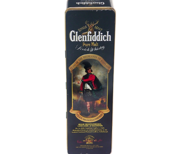 Glenfiddich Clans of the Highlands Clan Montgomerie scotch whisky 750ml lithographed tin (empty). Barringer Wallis England.