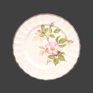May include: A white ceramic plate with a gold rim features a pink rose with green leaves and a white background.