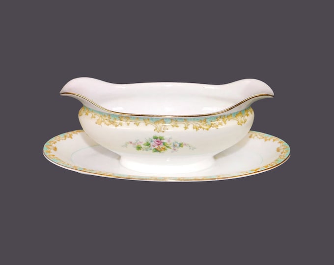 Noritake | Morimura | hand-painted Nippon Adela gravy or sauce boat attached underplate made in Japan. Flaws (see below).