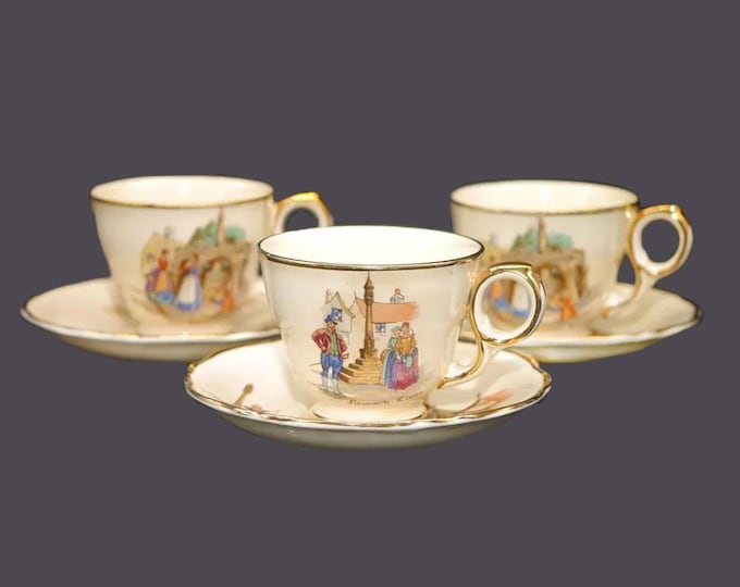 Three Royal Winton Grimwades Old English Markets demitasse cup and saucer sets made in England. Multi-motif market scenes