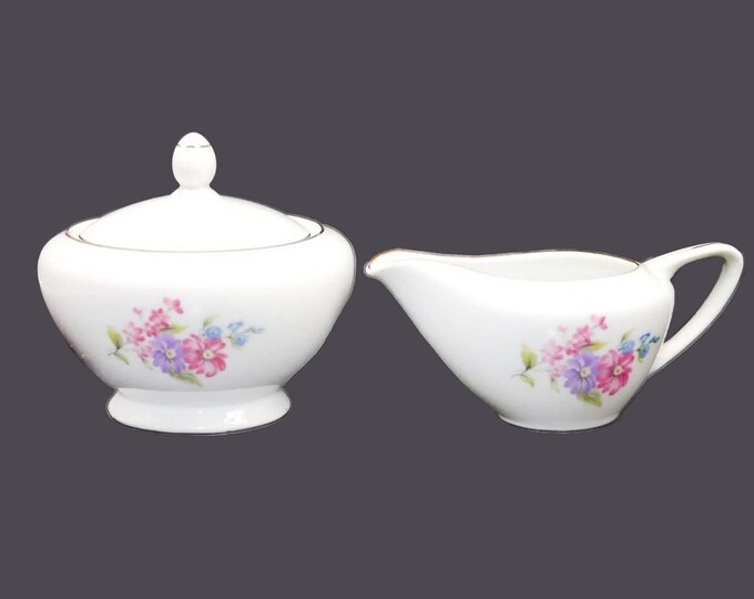 Leuco Fine China creamer and covered sugar bowl set. Pink purple blue florals, gold edge. Made in Japan.