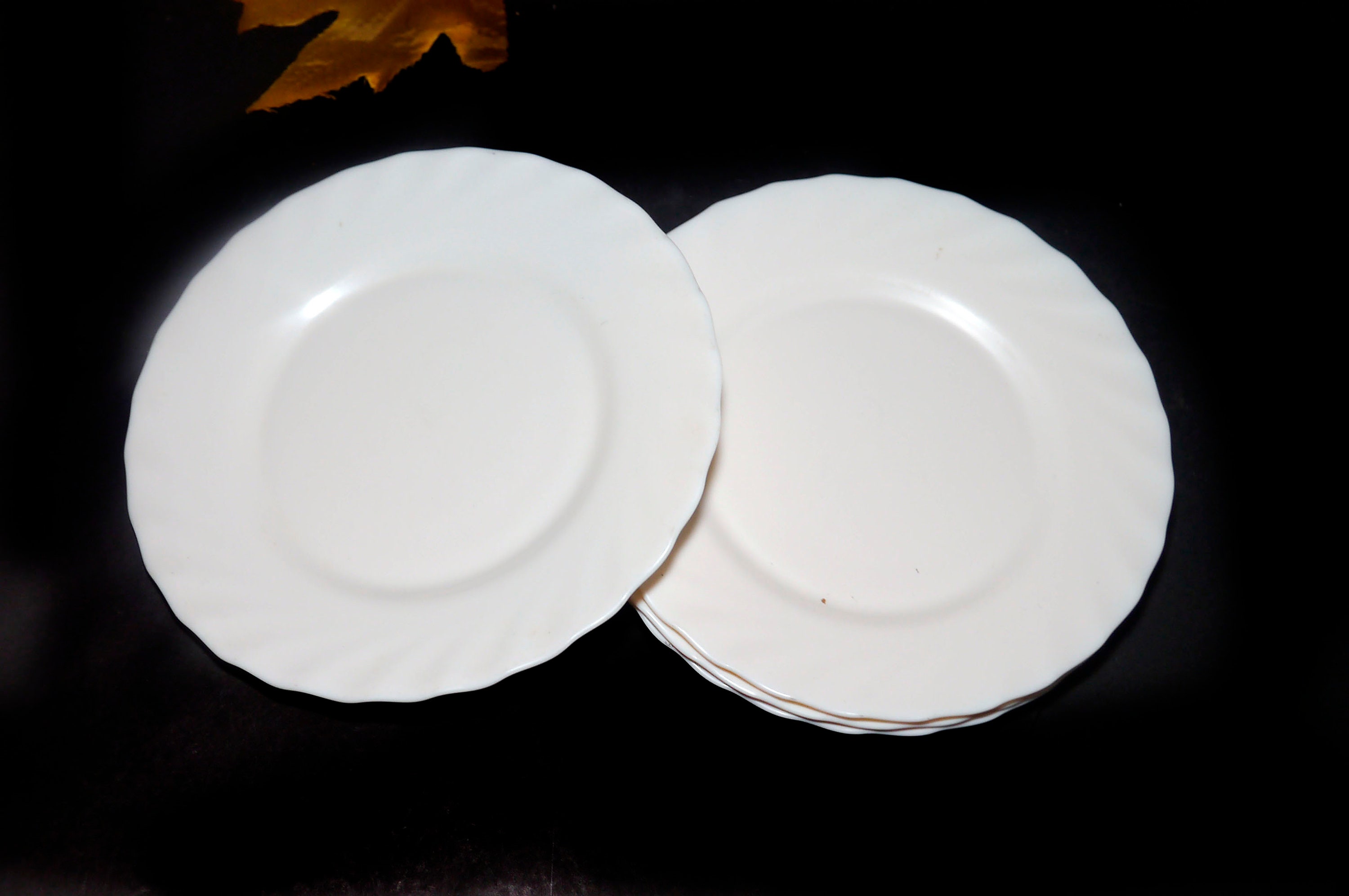 Set of five Arcopal Trianon salad or side plates. All-white milk glass ...