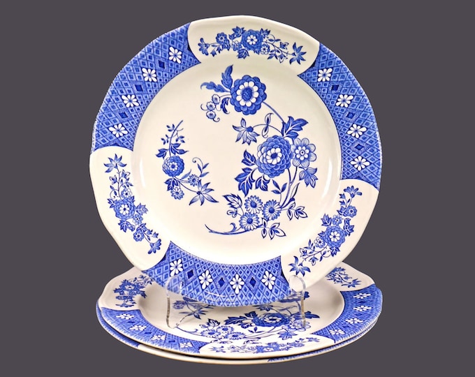 Three J&G Meakin | Royal Staffordshire Cathay dinner plates. Blue-and-white tableware made in England.