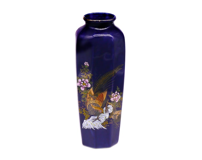 Giftcraft cobalt and blue flower vase with cloissone peafowl and florals. Gold rim.