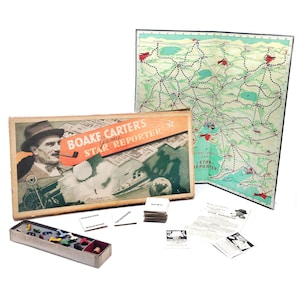 Prima edizione del gioco da tavolo Star Reporter di Boake Carter, pubblicato nel 1937 da Parker Brothers. Incompleto (vedi sotto).