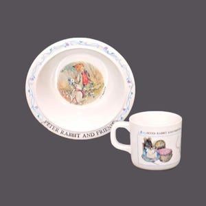 Vintage Peter Rabbit and Friends child&#39;s melamine cup and bowl set made by Eden Taiwan.
