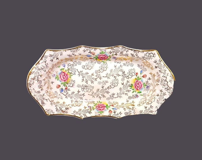 James Kent 3086 Embassy gold floral chintz salt and pepper under-tray, trinket, nut, candy or pin dish made in England.